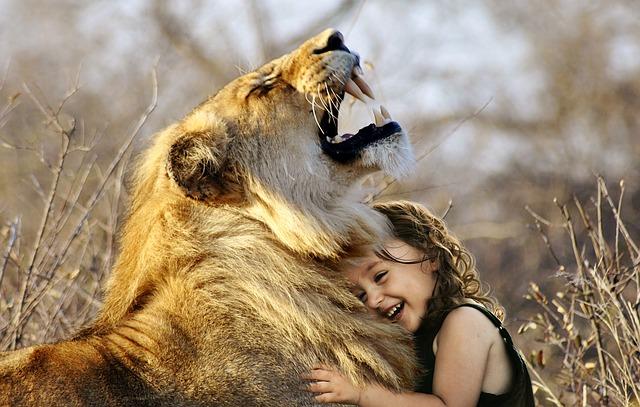 Young girl hugging lion