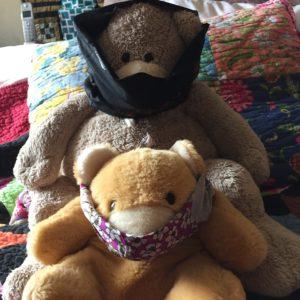 Two bears wearing face coverings