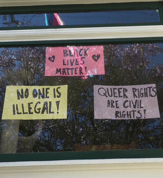 Signs, BLM, No one is Illegal, Queer Rights