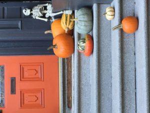 Pumpkins, gourds on steps