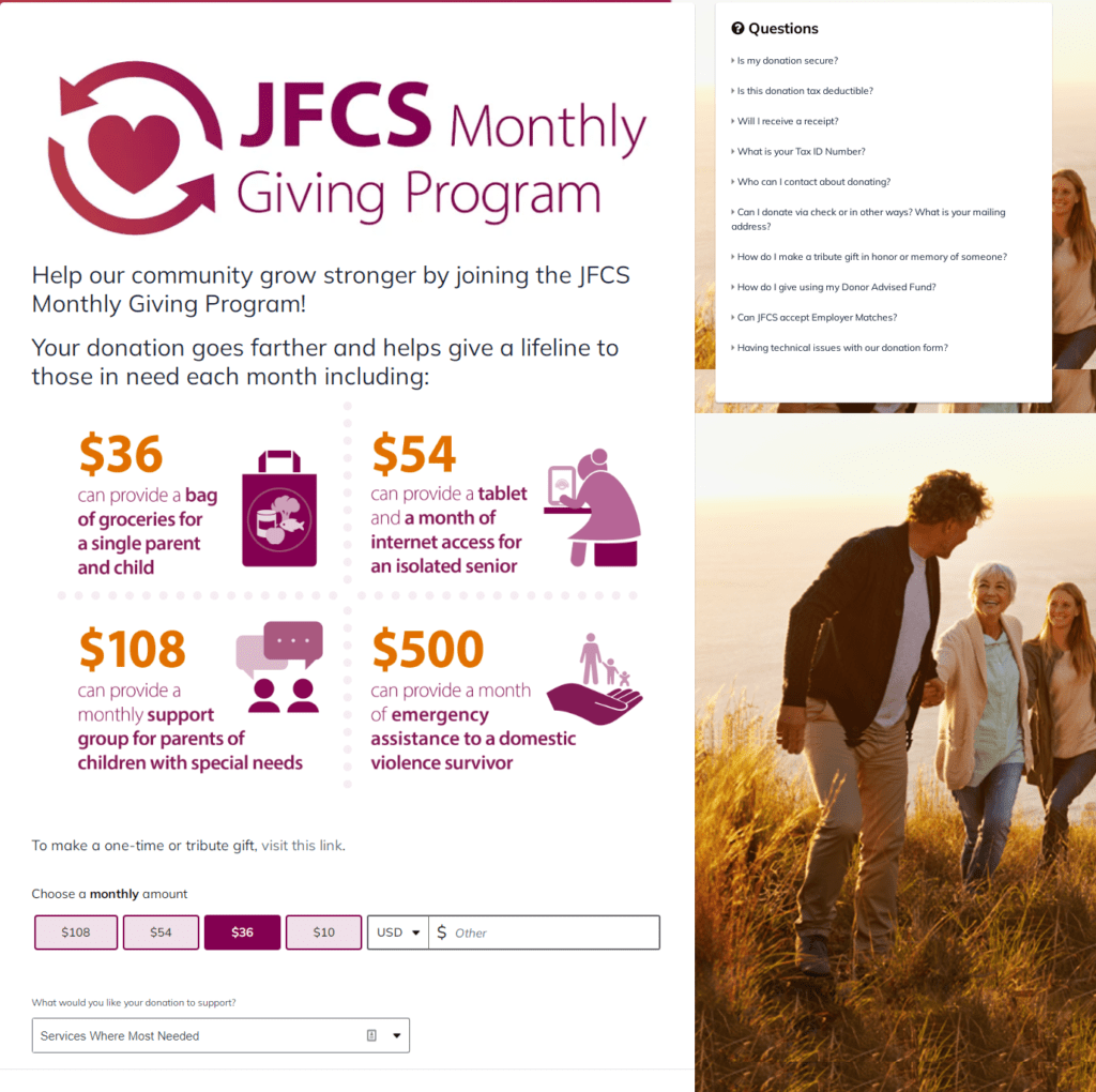 Example: landing page for monthly donation
