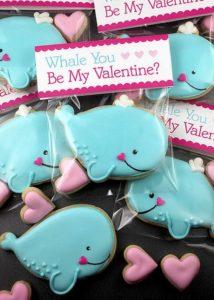 Valentine whale cookies