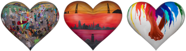 Three San Francisco Hearts:-What We Do For Love. Tales of the City. ColorFall of Hope. Artist-created as benefit for San Francisco General Hospital Foundation