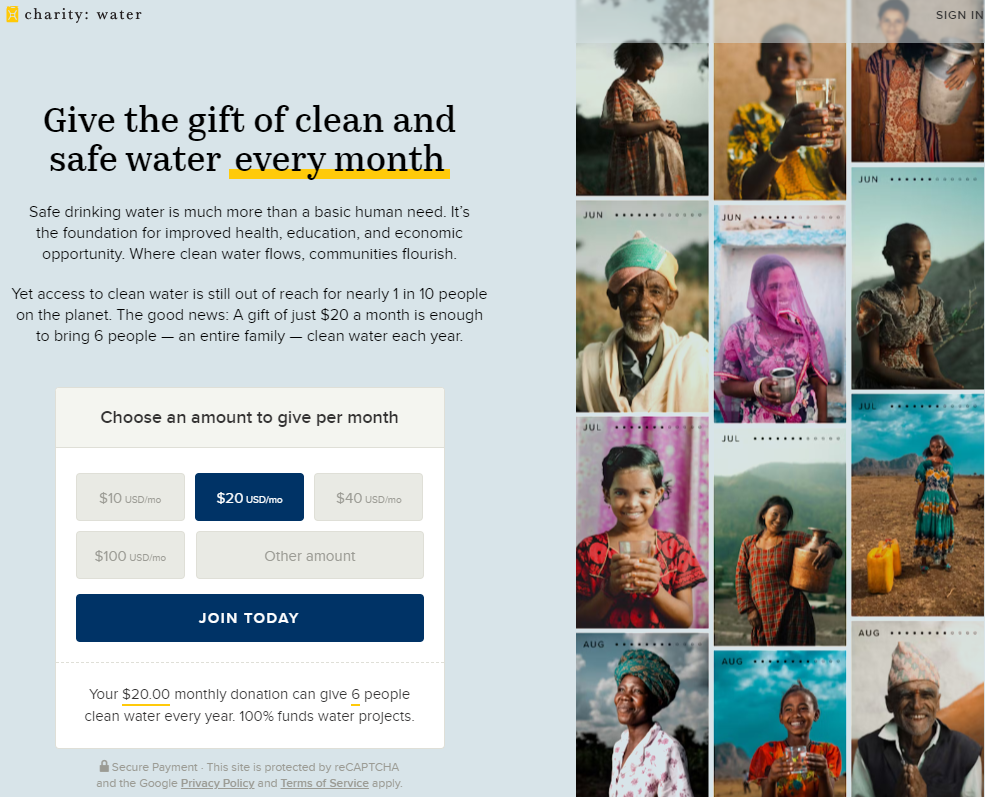 Charity Water The Spring landing page 