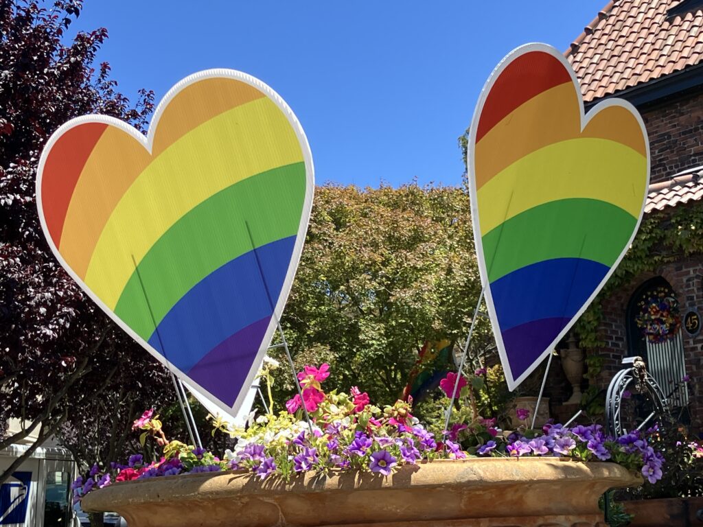 Rainbow hearts in a front yard