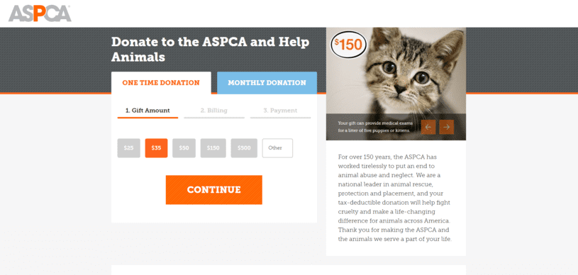 A screenshot of the ASPCA’s donation page.