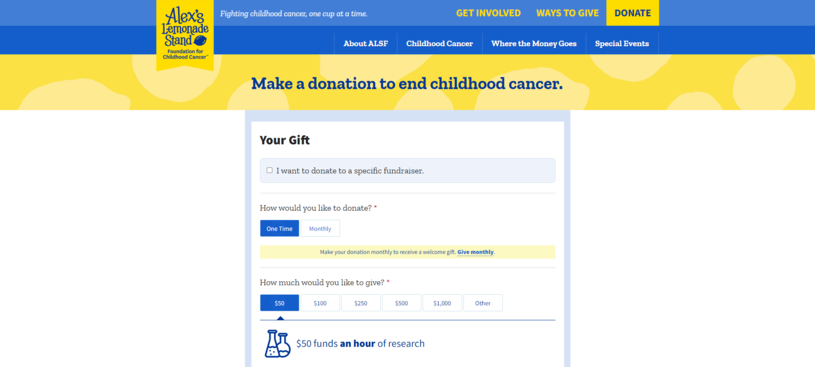 A screenshot of Alex’s Lemonade Stand’s donation page with suggested donation amounts.