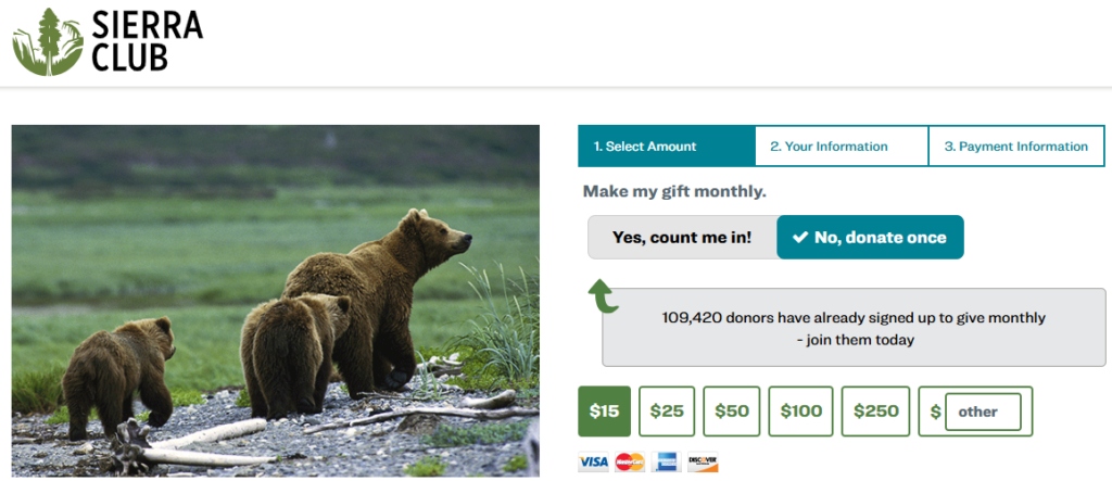 Sierra Club donation landing page