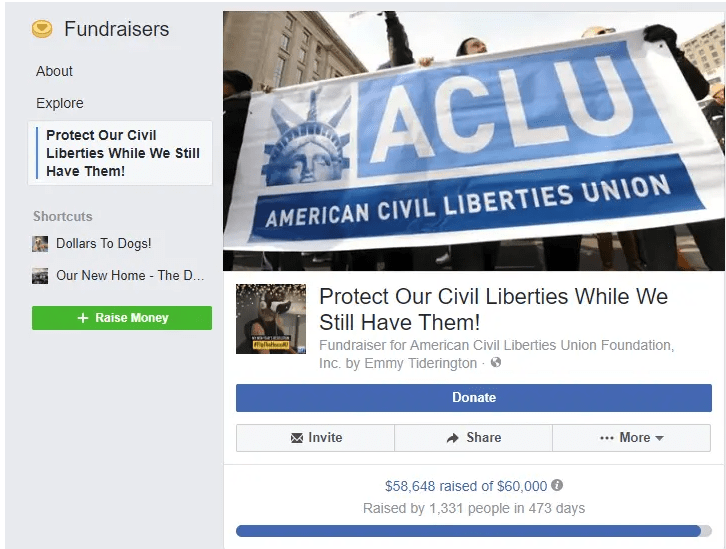 Fundraising thermometer example: ACLU campaign