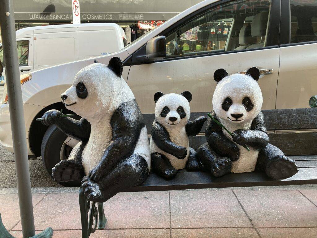 Panda family on a bench