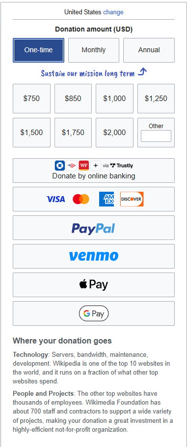 Wikipedia year-end online landing page renewal