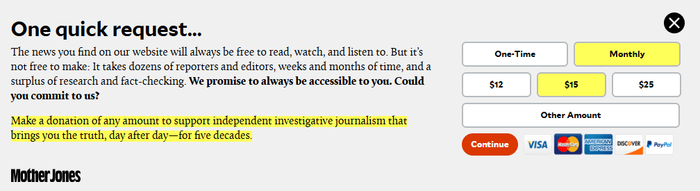 Mother Jones article pop-up with monthly default and ask string.